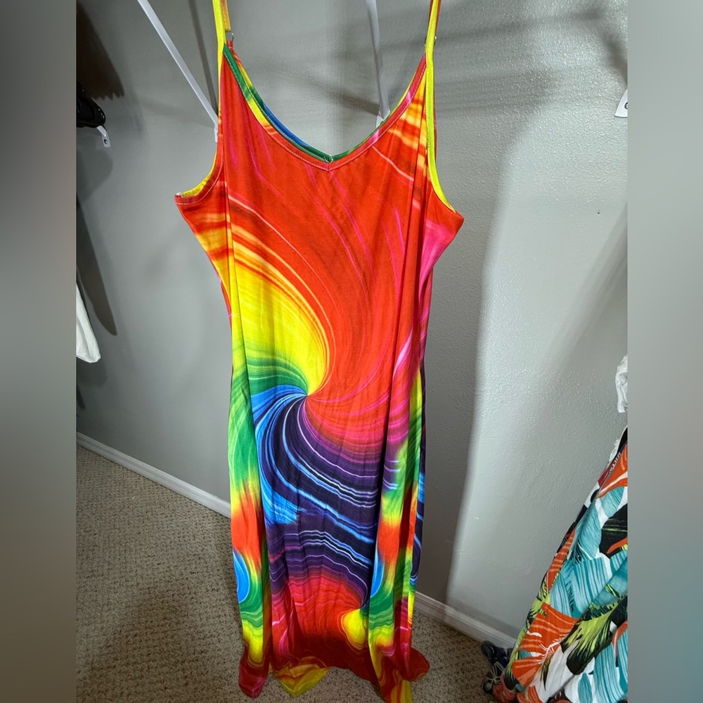 Multicolor Swirl Maxi Dress 2X Rainbow Psychedelic Slip Dress Plus 🌈